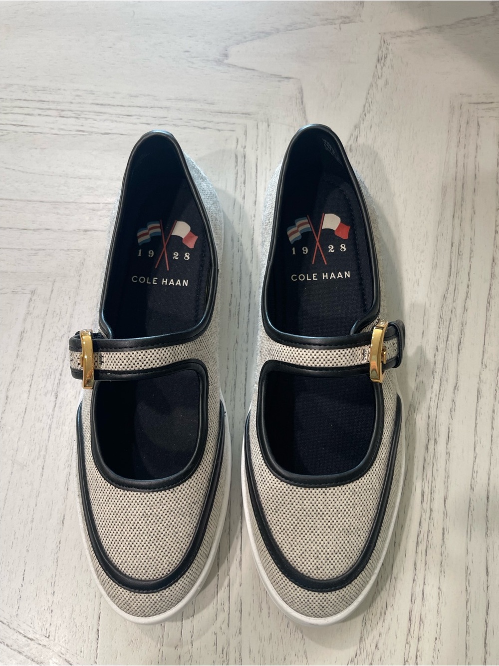 Cole Haan Beige and Black Mary Jane Loafers with Gold Buckle